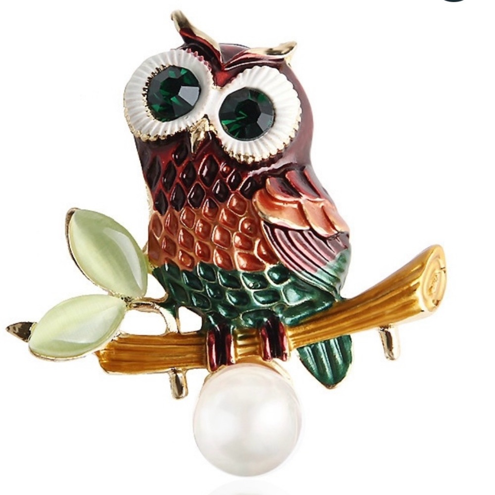 Colorful Owl Brooch with Pearl Accent